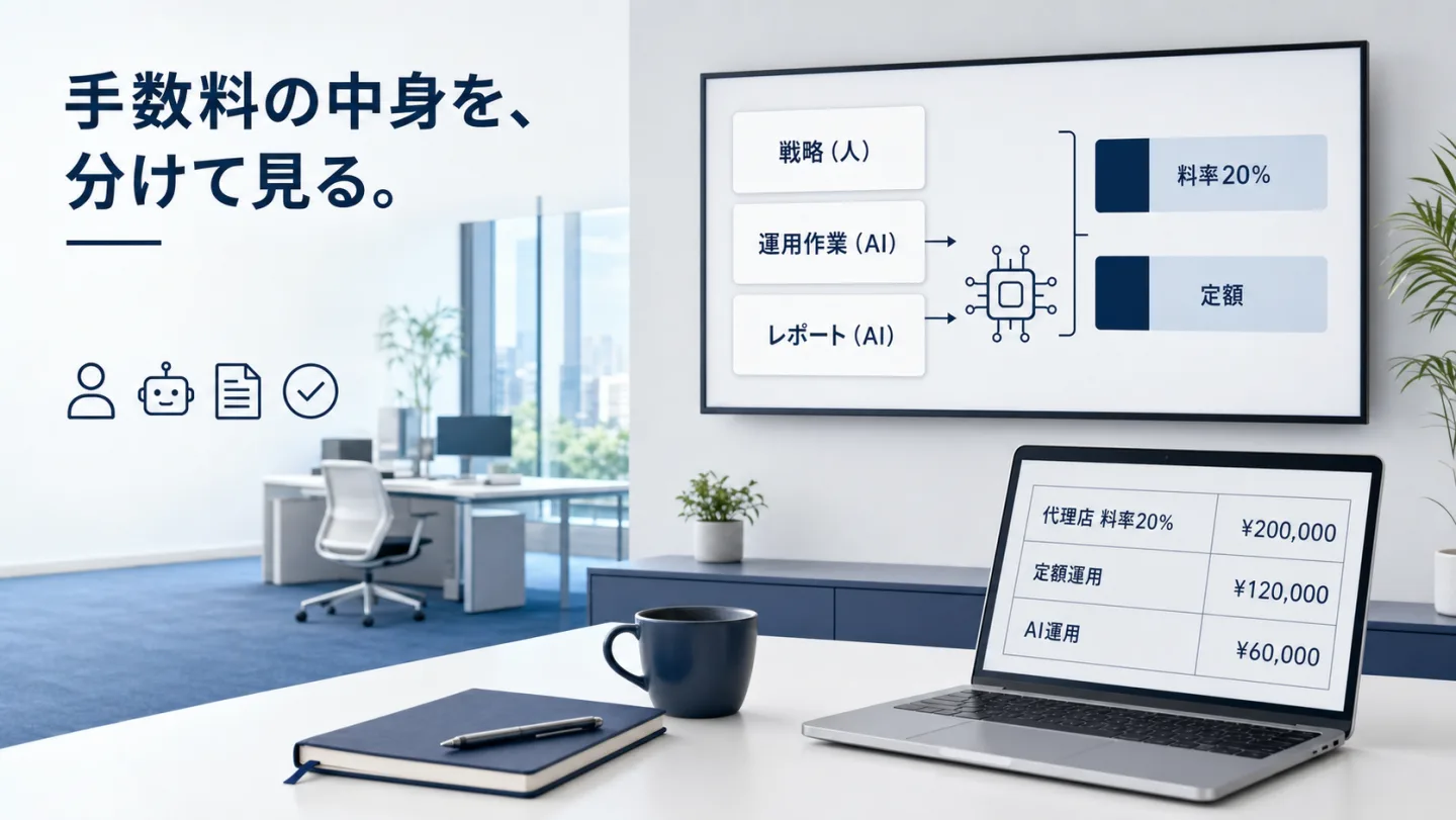 広告代理店の手数料を見直すイメージ。手数料を戦略、運用作業、レポート作成の三層に分けたカードと、運用額に比例する料率型と定額型を並べて比べる図がある。定型の作業とレポートをAIに寄せ、戦略と監督を人に残す矢印が描かれている。