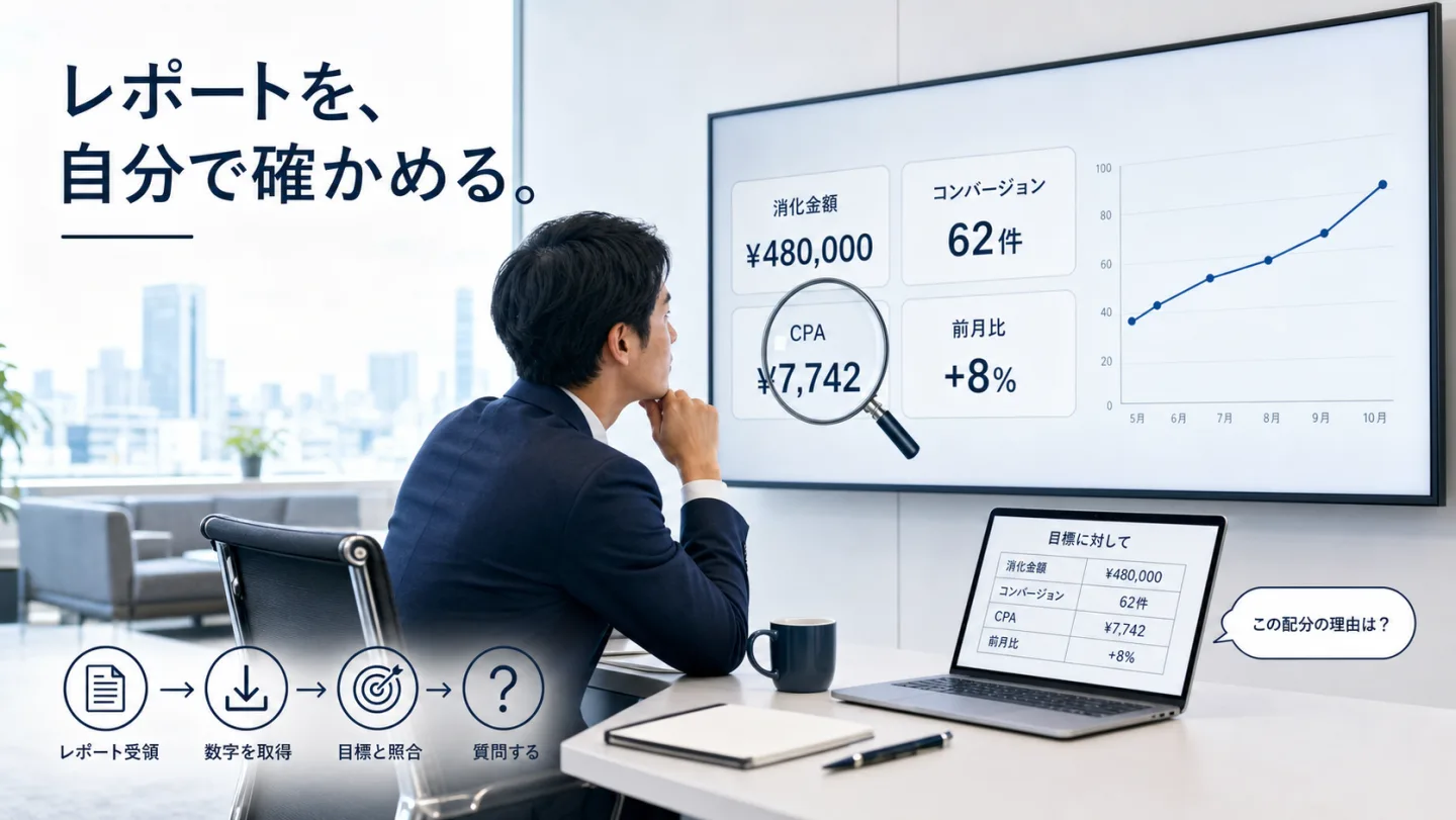 代理店の運用レポートを広告主が読み解くイメージ。届いた月次レポートのカードに消化金額、コンバージョン数、CPA、前月比が並び、虫めがねが当たっている。目標に対してどうかという注記と、任せたまま同じ数字を手元でも取得して確かめる矢印が描かれている。