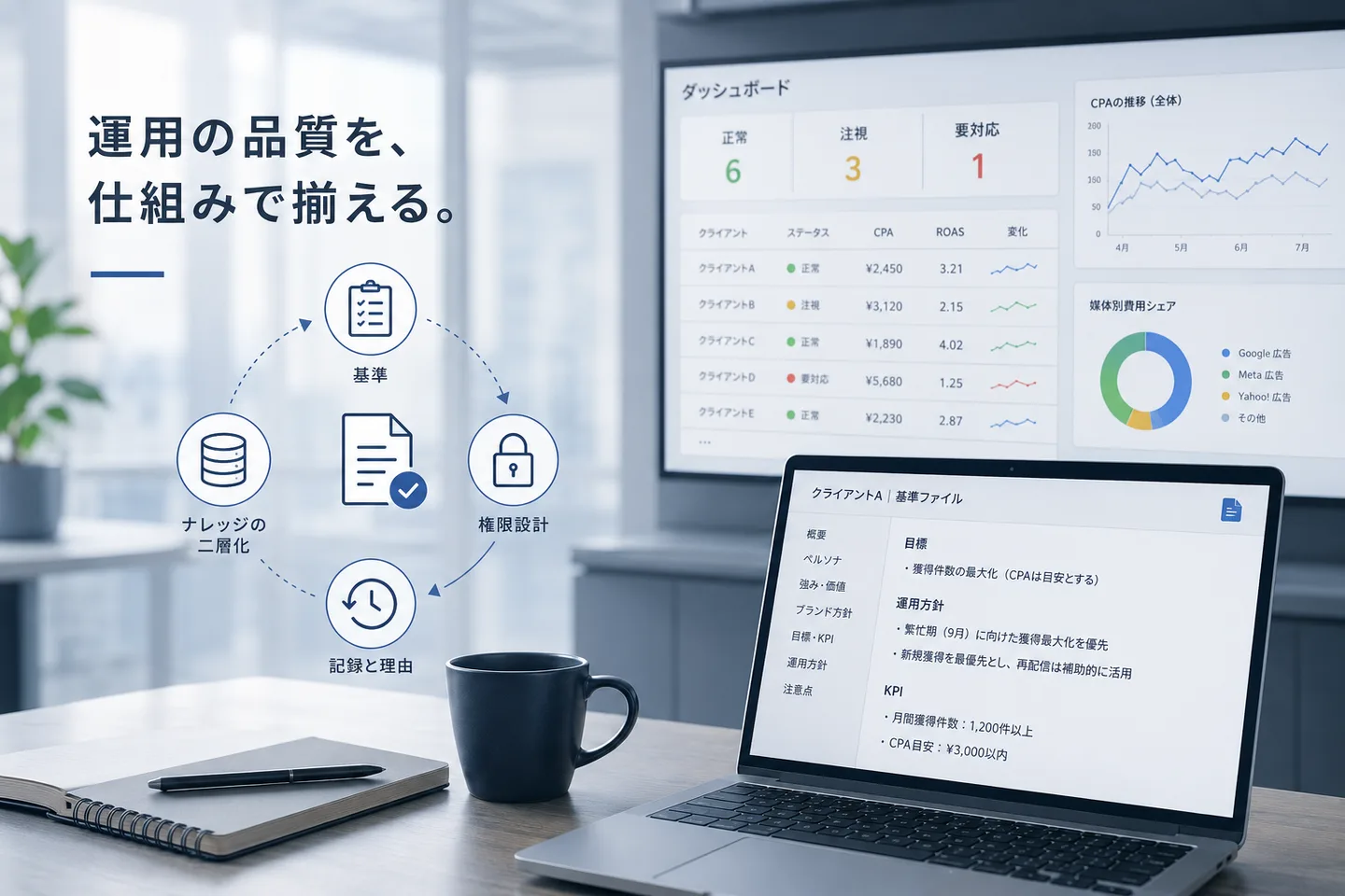 代理店の運用品質を仕組みで揃えるイメージ。壁のダッシュボードにクライアント別の状態（正常・注視・要対応）とCPA・ROASが並び、ノートPCにはクライアントごとの基準ファイル（ペルソナ・ブランド方針・目標KPI・運用方針）が表示されている。基準・権限設計・記録と理由・ナレッジの二層化が循環する図もある。
