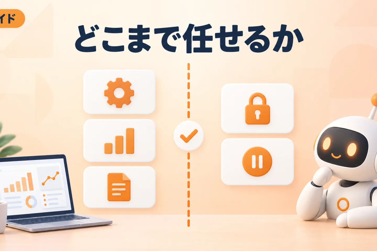 Claude Codeに広告運用をどこまで任せるかを示すイメージ。左側に任せる作業として数字の取得、転記、変更履歴の回収、除外候補の抽出、広告文の下書きを並べたカード、右側に手元へ残す判断として入札、予算配分、配信の停止を並べたカード、その間に承認を挟むゲートが描かれている。