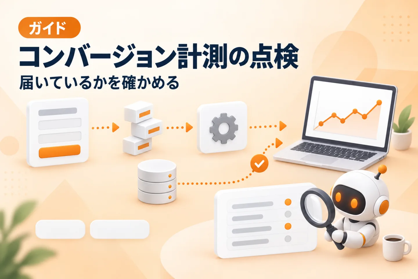 コンバージョン計測の点検を表したイラスト。左から右へ、問い合わせフォームのカード、データの受け渡しを表す積み重なった箱、歯車の付いたカード、折れ線グラフを表示したノートパソコンが点線の矢印でつながっている。その下にサーバーを表す円柱から同じノートパソコンへ向かうもう一本の矢印があり、二本が合流する位置にチェックマークのバッジが置かれている。右下では白いロボットが虫めがねで一覧表を覗き込んでおり、表の各行の右端に受信の状態を表す丸が並んでいる。
