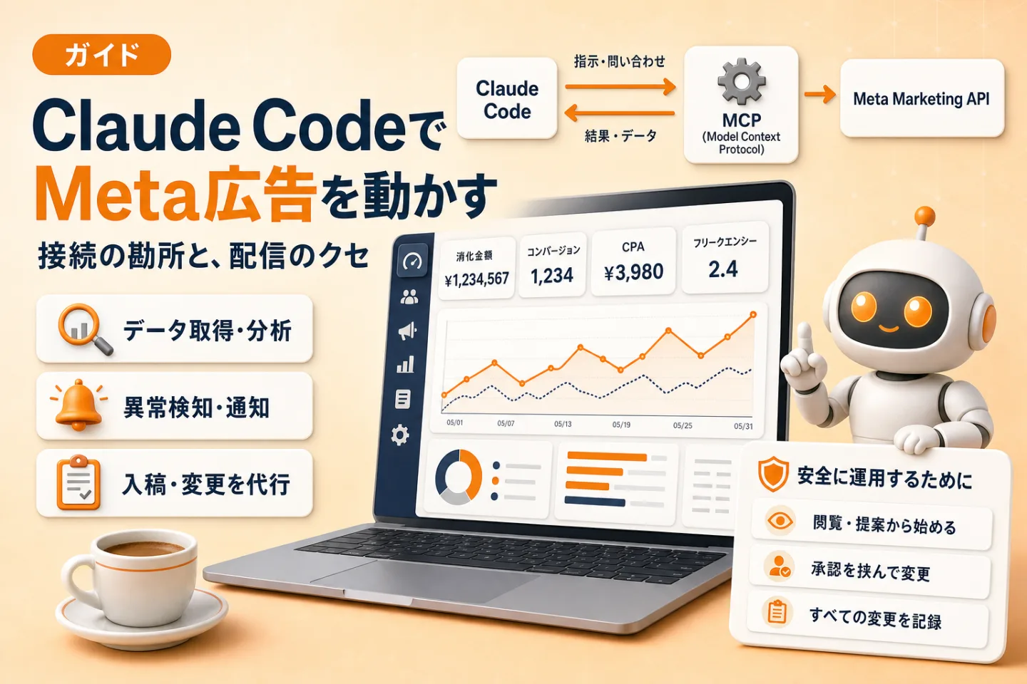 Claude CodeからMeta広告を動かすイメージ。Claude Code→MCP→Meta Marketing APIの接続の流れと、消化金額・コンバージョン・CPA・フリークエンシーを表示する広告ダッシュボード、データ取得・異常検知・入稿代行の機能が示されている。