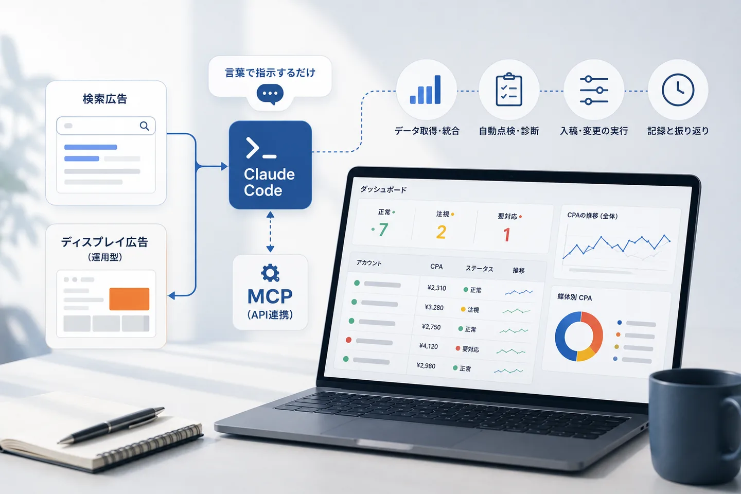 Claude CodeからYahoo!広告を動かすイメージ。検索広告とディスプレイ広告（運用型）がMCP経由でClaude Codeにつながり、データ取得・統合、自動点検・診断、入稿・変更の実行、記録と振り返りへ流れる図と、アカウント別のCPA・ステータス（正常・注視・要対応）を表示するダッシュボードが示されている。